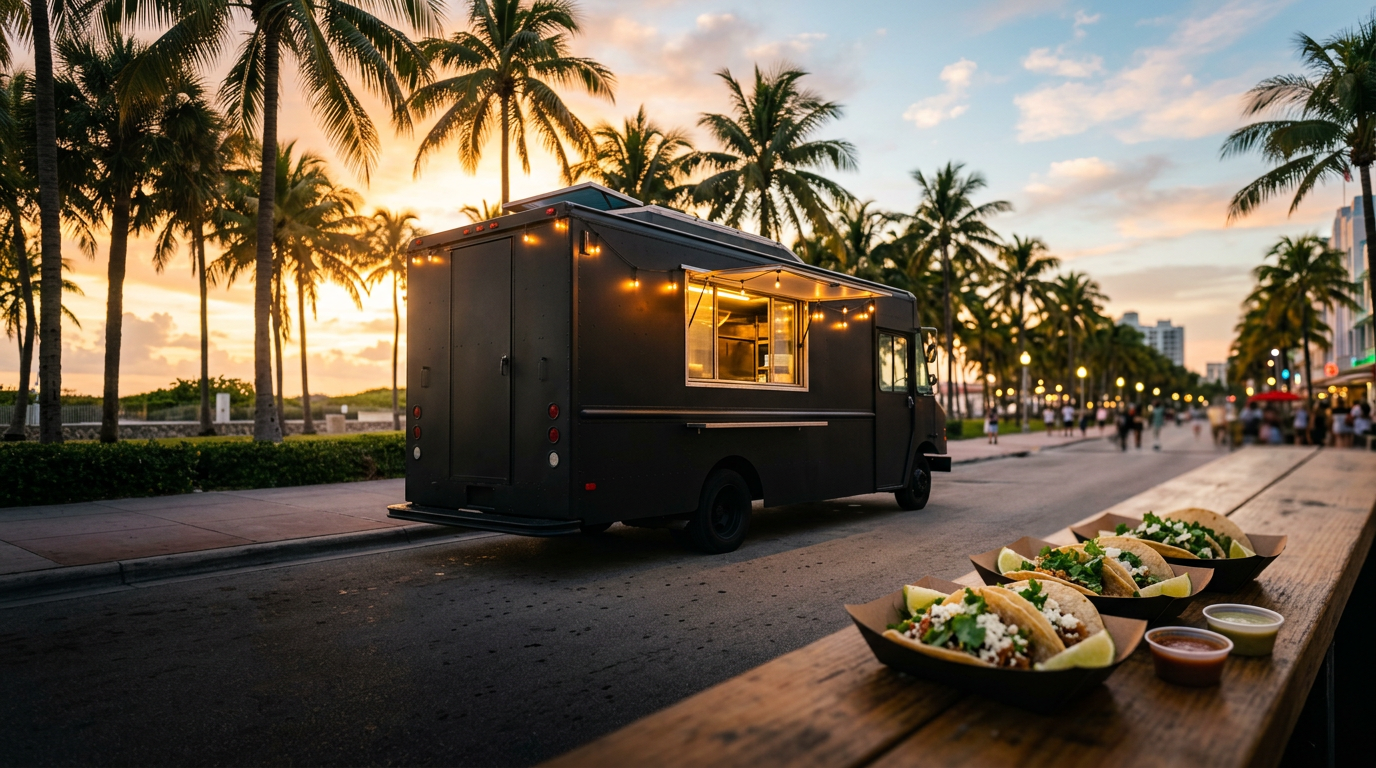 The black Fuego food truck at golden hour with a plate of tacos